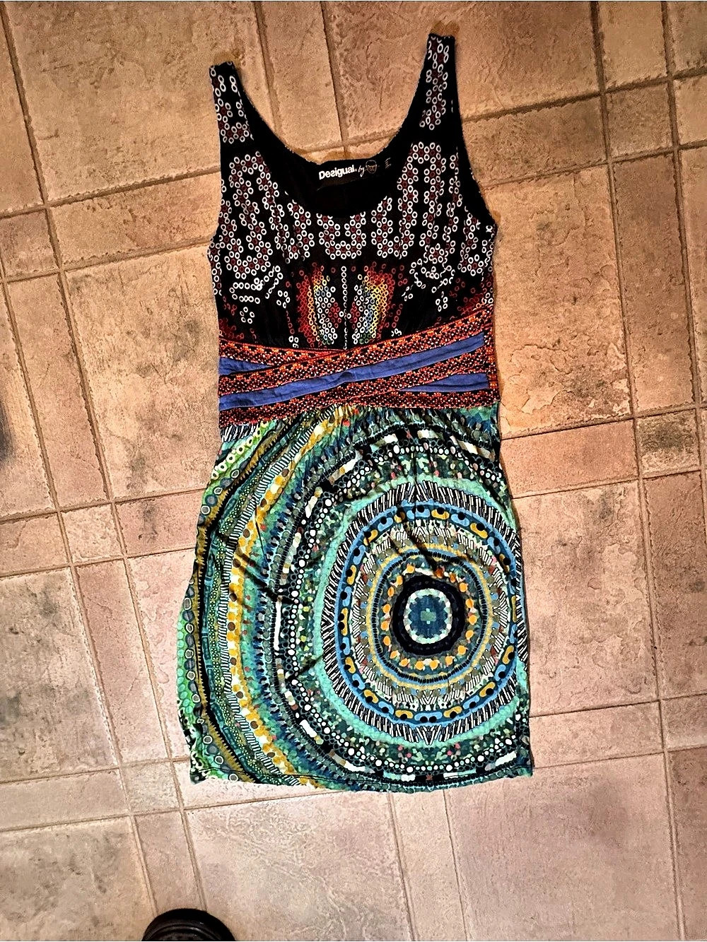 Desigual Geometric Mini Dress in Black & Blue Size Medium Like New